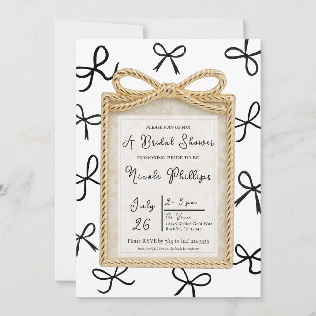 Gold Bow Frame & Little Black Bows Bridal Shower  Invitation (Front)