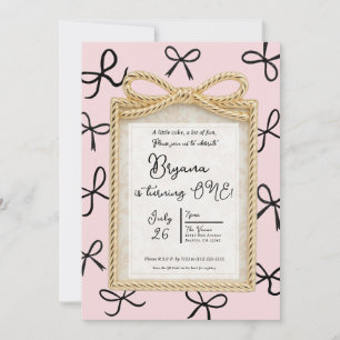 Gold Bow Frame Little Black Bows Pink 1st Birthday Invitation
