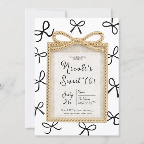 Gold Bow Frame &amp; Little Black Bows Sweet 16 Photo  Invitation