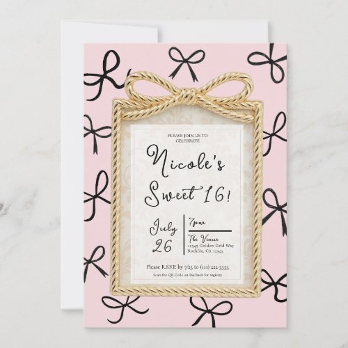 Gold Bow Frame Little Black Bows Sweet 16 Photo  Invitation