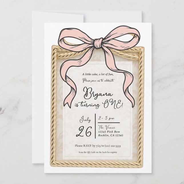 Gold Bow Frame Pink Ribbon Bow 1st Birthday Invitation (Front)
