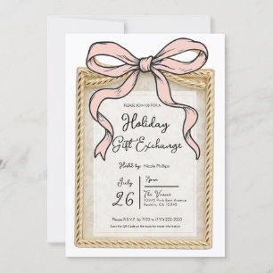 Gold Bow Frame Pink Ribbon Bow Holiday Gift Invitation