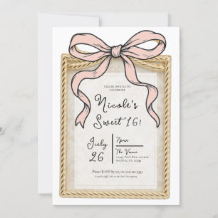 Gold Bow Frame Pink Ribbon Bow Sweet 16 Photo  Invitation