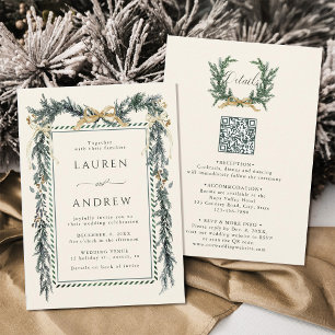 Gold Bow & Green Garland Wedding All in One Ivory Invitation