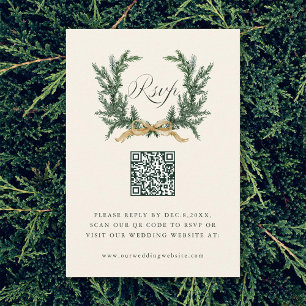 Gold Bow & Green Pine Wreath Wedding QR Code Ivory RSVP Card