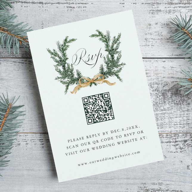 Gold Bow & Green Pine Wreath Wedding QR Code Mint RSVP Card (Creator Uploaded)