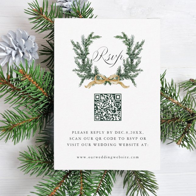 Gold Bow & Green Pine Wreath Wedding QR Code RSVP Card (Creator Uploaded)
