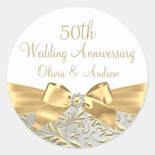 Gold Bow Leaf White 50th Wedding Anniversary Classic Round Sticker
