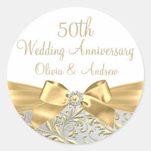 Gold Bow Leaf White 50th Wedding Anniversary Classic Round Sticker