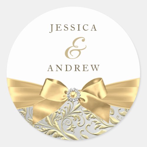 Gold Bow Leaf White Wedding Engagement Anniversary Classic Round Sticker