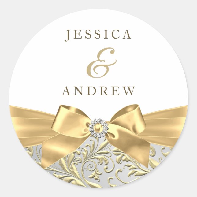 Gold Bow Leaf White Wedding Engagement Anniversary Classic Round Sticker (Front)