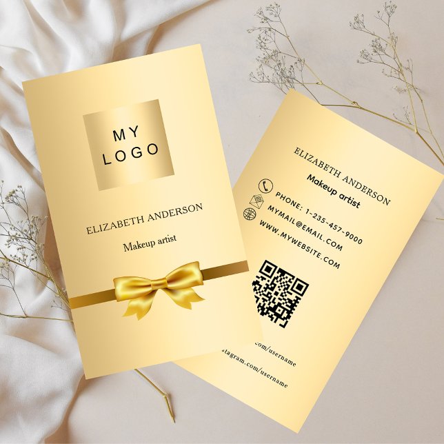 Gold bow logo Qr code social media Business Card (Creator Uploaded)