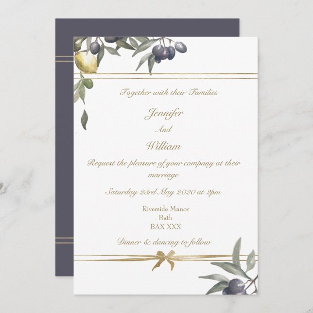 Gold Bow Olives & Lemons Invitation (Front/Back)