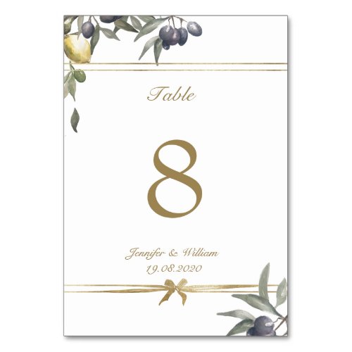 Gold bow Olives  Lemons Table Number