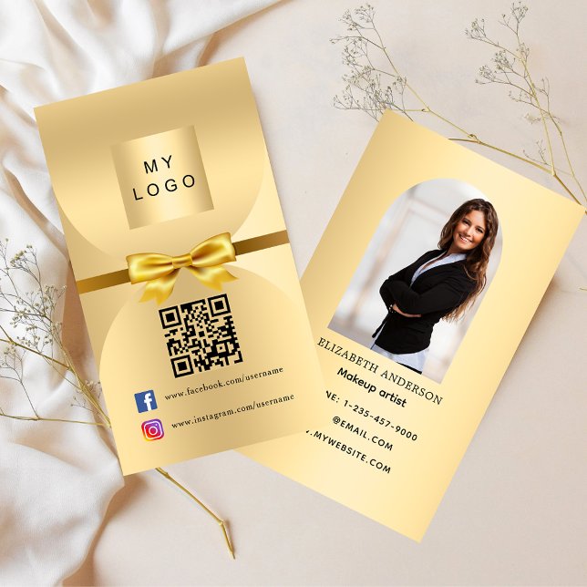 Gold bow photo Qr social media Business Card (Creator Uploaded)