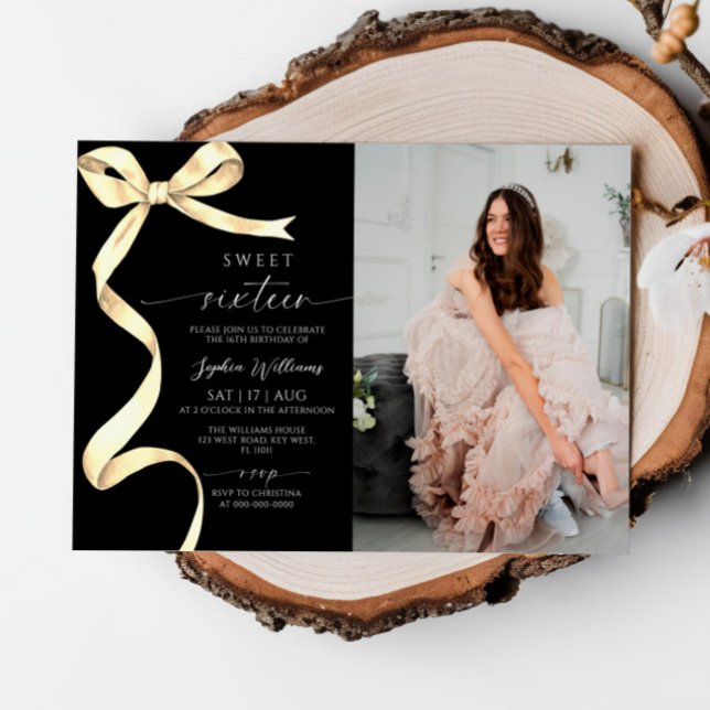 Gold Bow Photo Sweet 16 Birthday Invitation (Creator Uploaded)