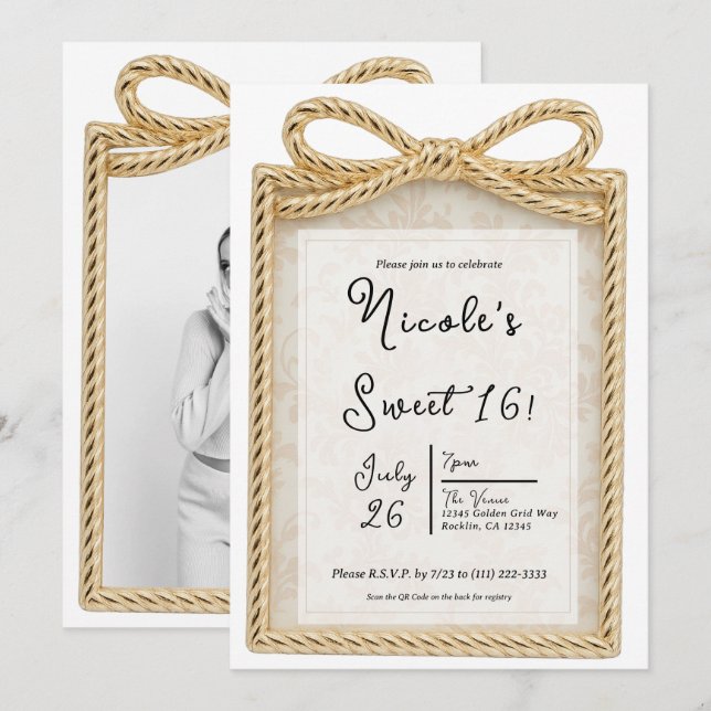 Gold Bow Present Gift Box Sweet 16 Party Photo  Invitation (Front/Back)
