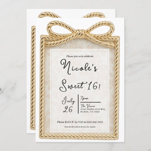 Gold Bow Present Gift Box Sweet 16 Party Photo  Invitation