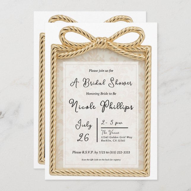 Gold Bow Present Gift Photo Frame Bridal Shower  Invitation (Front/Back)
