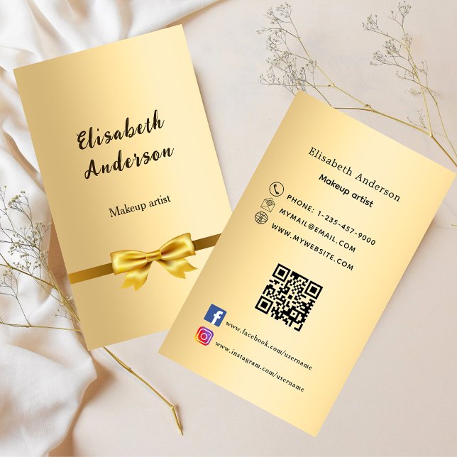 Gold bow Qr code social media Business Card (Creator Uploaded)