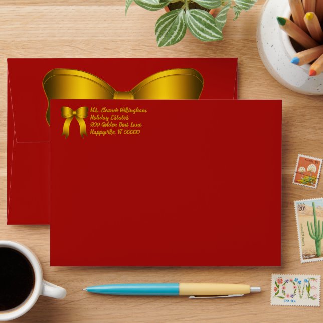 Gold Bow Red Christmas Card Envelopes (Desk)