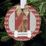 Gold Bow Red & White Swirl Pattern Dog Bone Photo Ornament<br><div class="desc">Fun and festive pet photo ornament. Our design features a fund white and red swirl pattern background. **Note background color can be changed to any color ** Customize with your pet's photo and name placed on the white done bone. A Beautiful faux golden bow is added to the top of...</div>