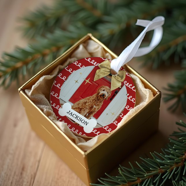 Gold Bow Red & White Swirl Pattern Dog Bone Photo Ornament (Gold Bow Red & White Swirl Pattern Dog Bone Photo Ornament)