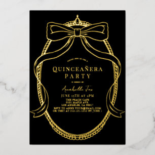 Gold Bow Ribbon Tiara Frame Black Quinceañera Foil Invitation