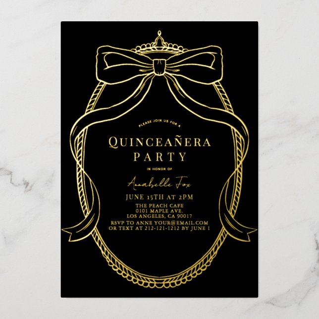 Gold Bow Ribbon Tiara Frame Black Quinceañera Foil Invitation (Front)