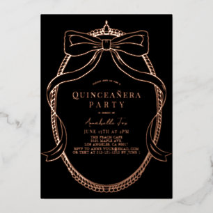 Gold Bow Ribbon Tiara Frame Black Quinceañera Foil Invitation