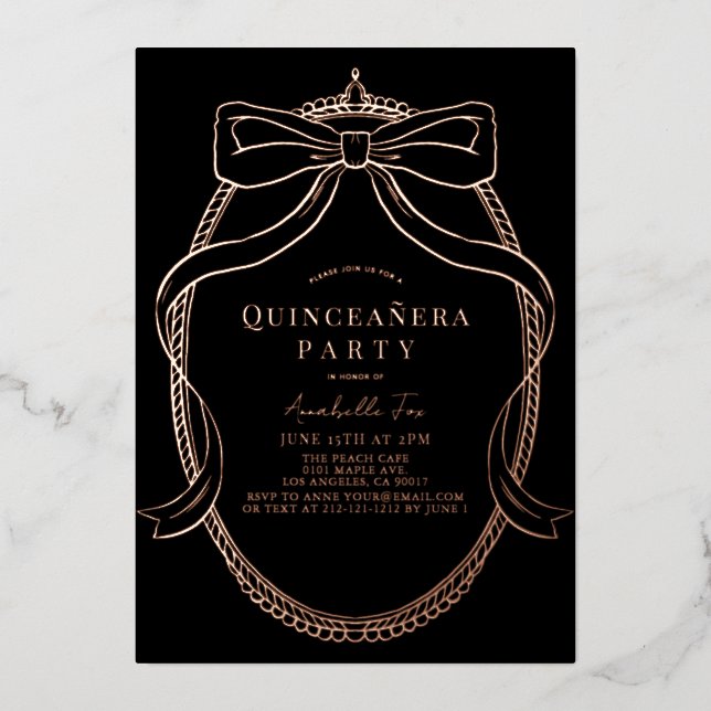 Gold Bow Ribbon Tiara Frame Black Quinceañera Foil Invitation (Front)