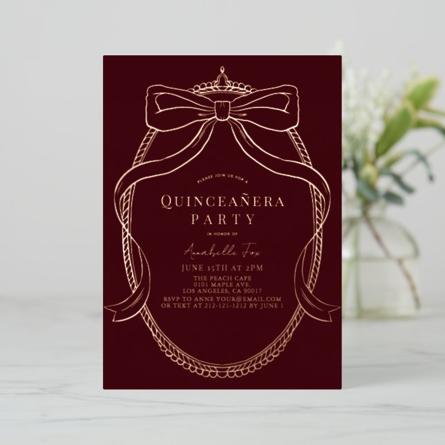 Gold Bow Ribbon Tiara Frame Burgundy Quinceañera Foil Invitation (Standing Front)
