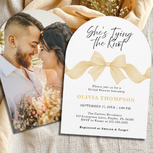 Gold Bow She's Tying the Knot Photo Bridal Shower Invitation