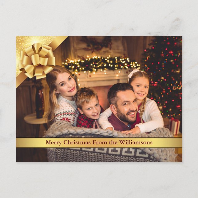 Gold Bow with Ribbon Merry Christmas Photo Holiday Postcard (Front)