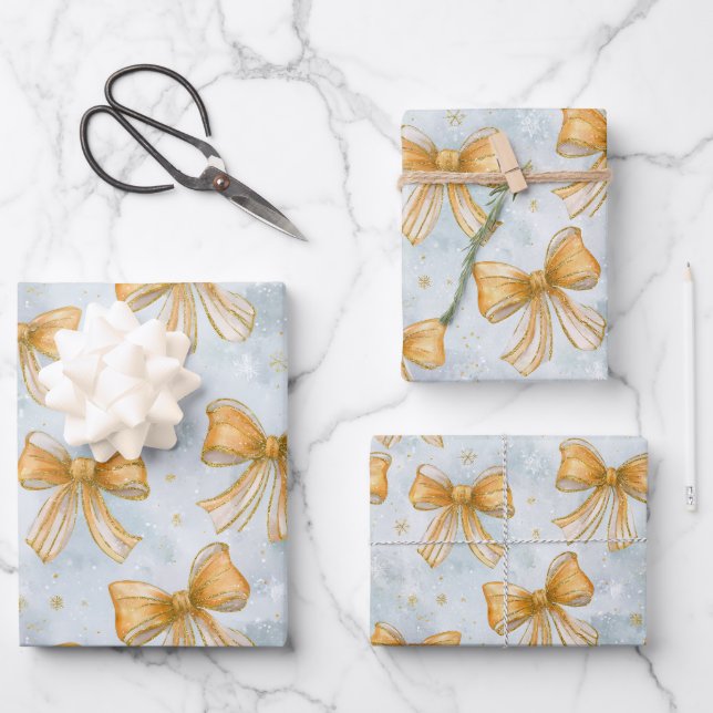 Gold Bows Baby Blue Christmas Wrapping Paper Sheets (Front)