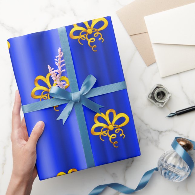 Gold Bows on Blue Christmas Wrapping Paper (Creator Uploaded)