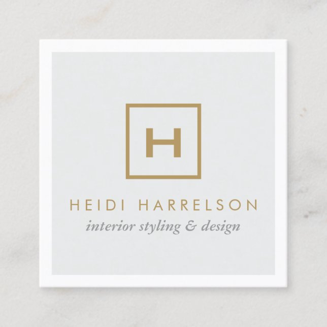 Gold Box Logo Monogram on Light Gray Square Business Card (Front)
