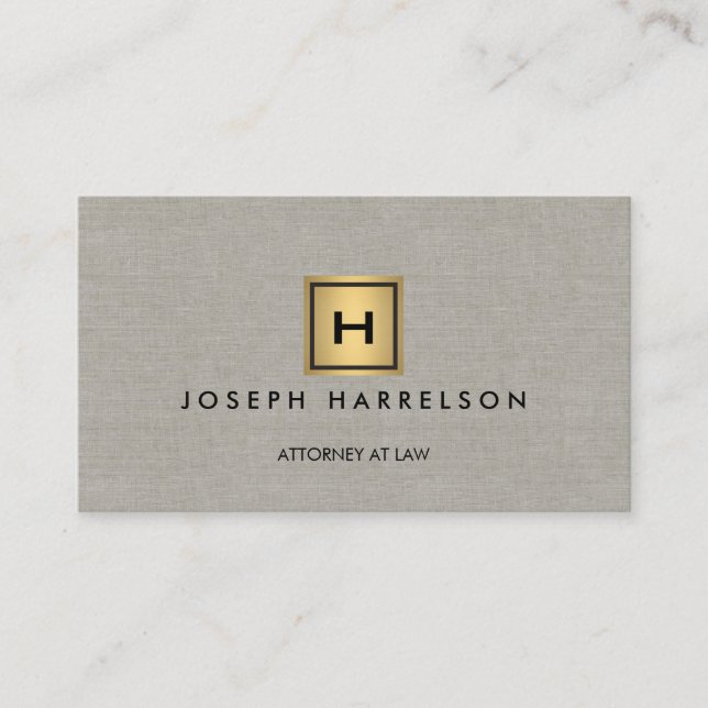 GOLD BOX LOGO with YOUR INITIAL/MONOGRAM Tan Linen Business Card (Front)