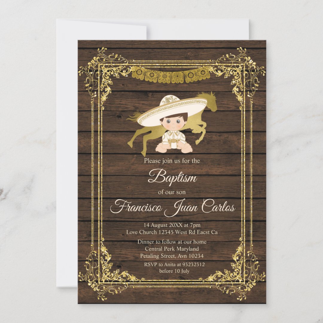 Gold Boy Baptism Mexican Christening Rustic Wood Invitation Zazzle