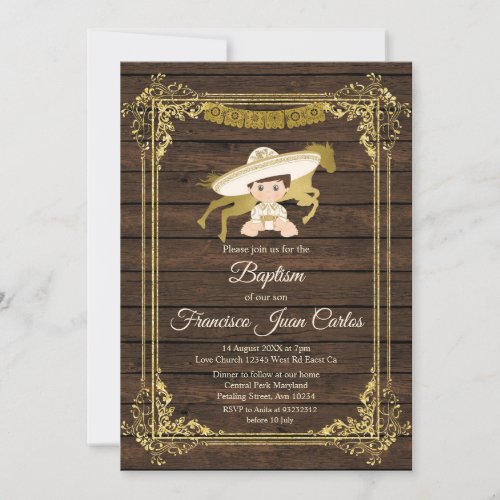 Gold Boy Baptism Mexican Christening Rustic Wood Invitation