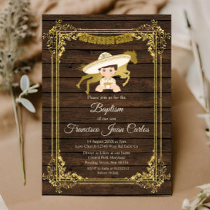 Gold Boy Baptism Mexican Christening Rustic Wood Invitation