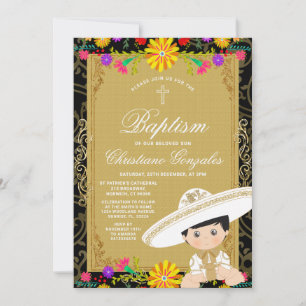 Gold Boy Mexican Baptism Colorful Floral Party Invitation