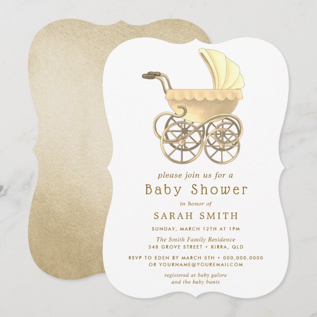 Gold Boy Or Girl Stroller Pram Baby Shower Invite (Front/Back)