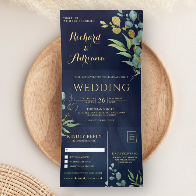 Gold Branch Eucalyptus Leaves Navy Blue Wedding Tri-Fold Invitation (Creator Uploaded)