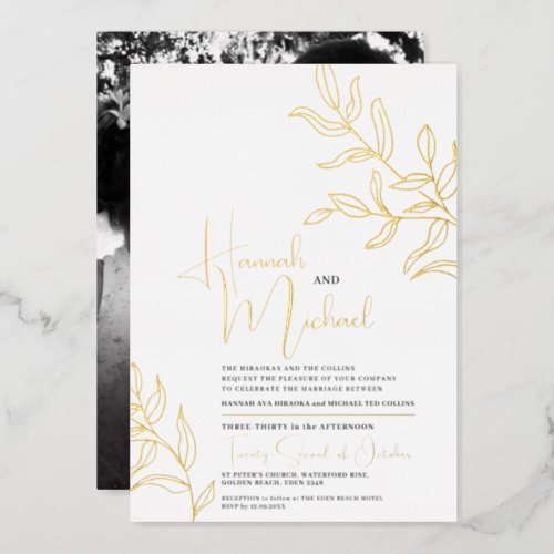 Gold branch of leaves sketch wedding  foil invitation