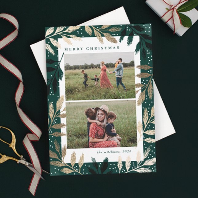Gold Branches 2 Photo Christmas Holiday Card (Creator Uploaded)