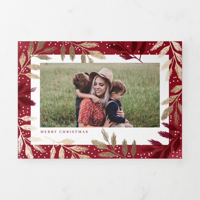 Gold Branches Merry Christmas 5 Photo Tri-Fold Holiday Card (Cover)