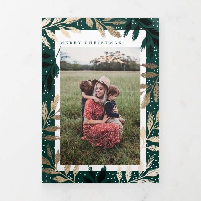 Gold Branches Merry Christmas 5 Photo Tri-Fold Holiday Card (Cover)