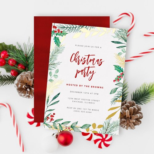 Gold Branches Watercolor Foliage Christmas Party Foil Invitation