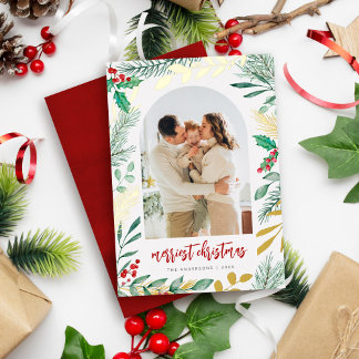 Gold Branches Watercolor Foliage Christmas Photo Foil Holiday Card